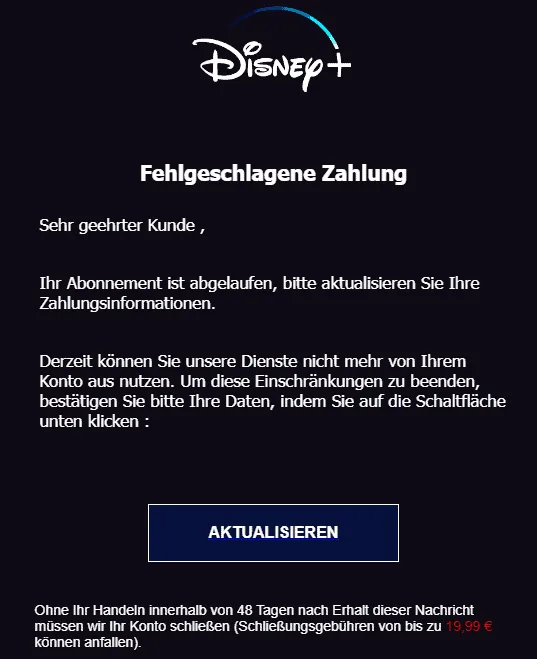 Disney+ fehlgeschlagene Zahlung