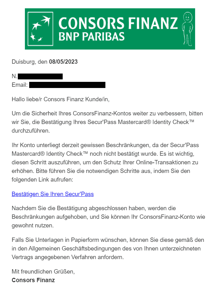 Consors Finanz Konto Beschränkungen SecurePass Mastercard Check