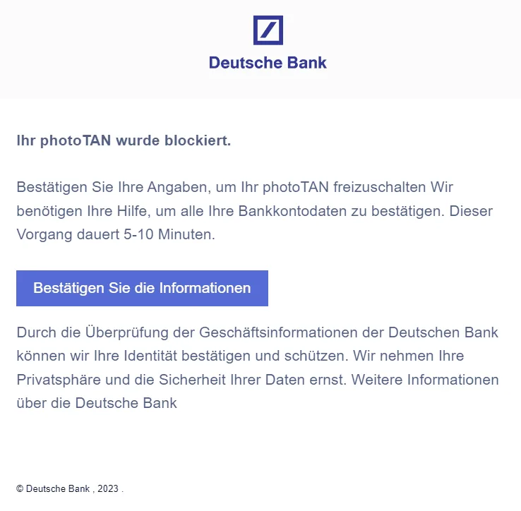 Deutsche Bank Bestätigung Geschäftsinformationen