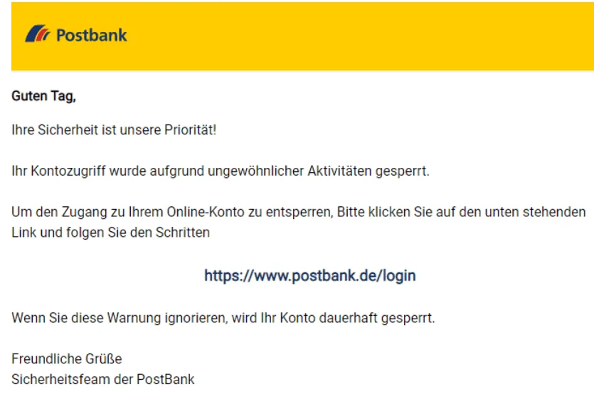 Postbank Warnung dauerhafte Konto Sperrung