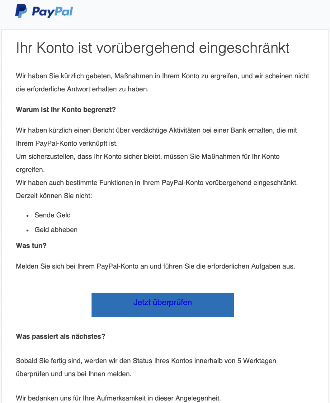 Paypal begrenzte Kontofunktion