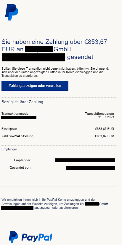 Paypal Zahlung gesendet