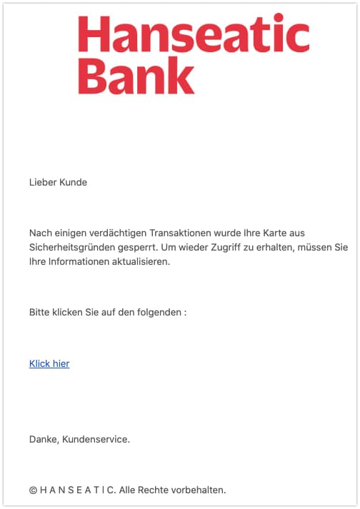 Hanseatic Bank verdächtige Transaktionen Karte gesperrt