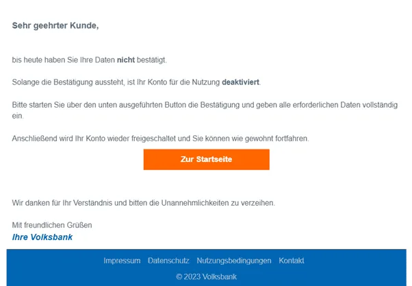 Volksbank Konto deaktiviert fehlende Datenbestätigung