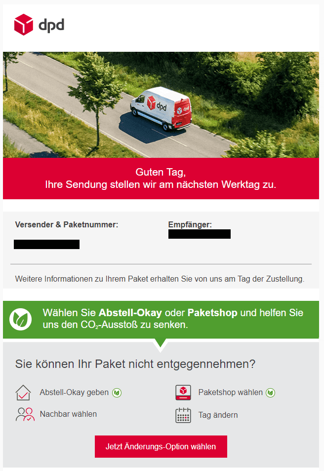 DPD Paket Zustellung Änderungsoption