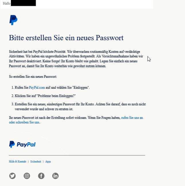 PayPal neues Passwort erstellen