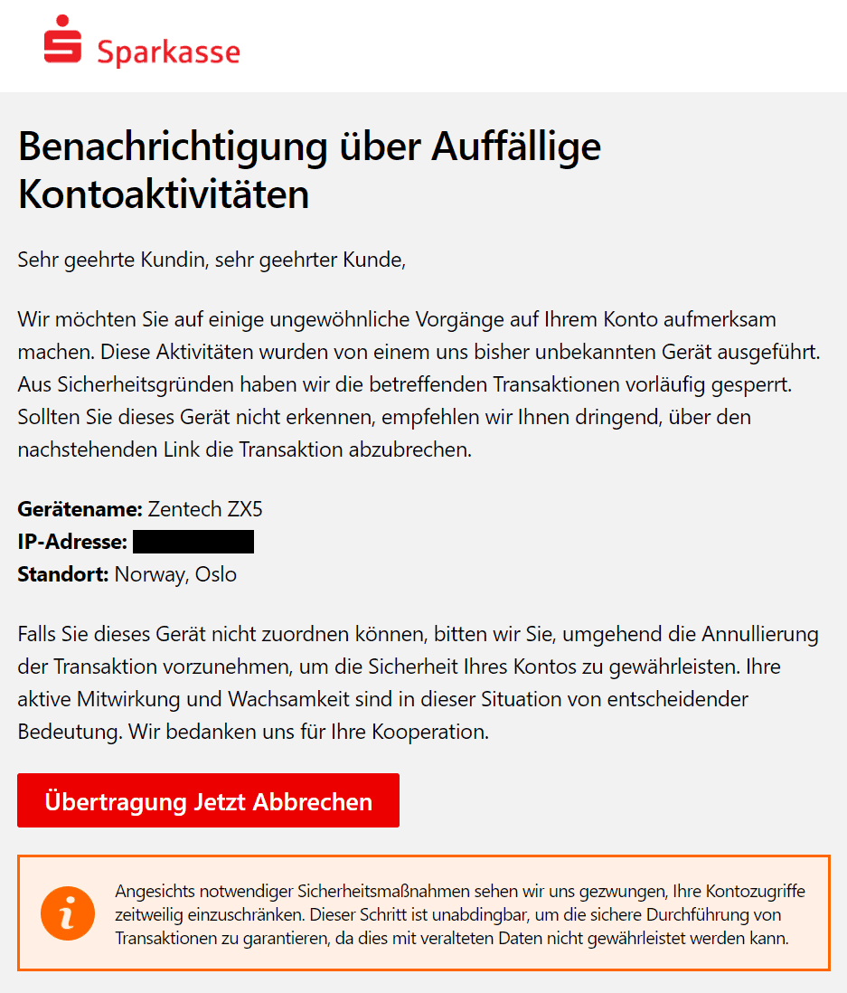 Sparkasse ungewöhnliche Vorgänge