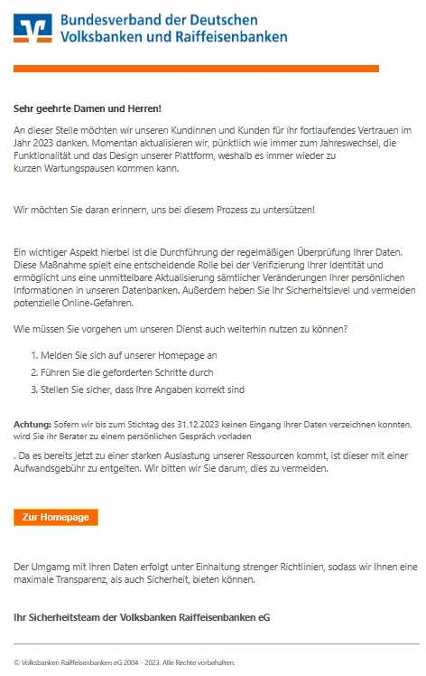 Volksbank regelmäßige Überprüfung Kunden Daten