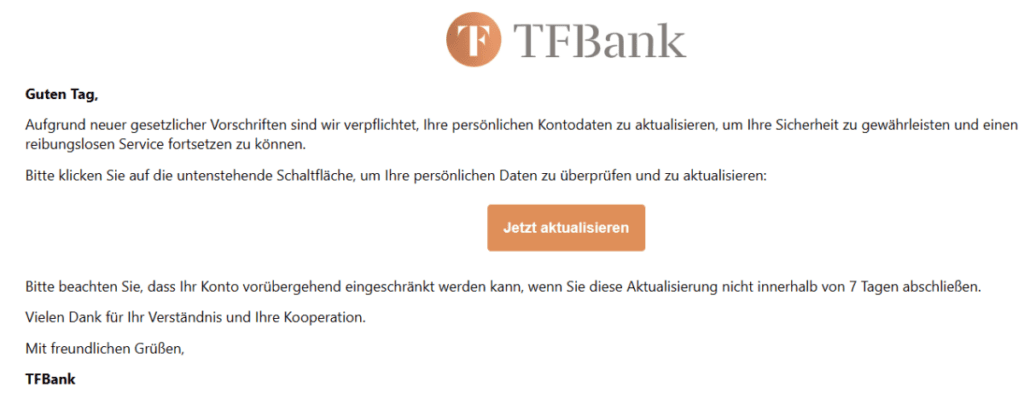 TF Bank Aktualisierung Kontodaten eingeschräntes Konto