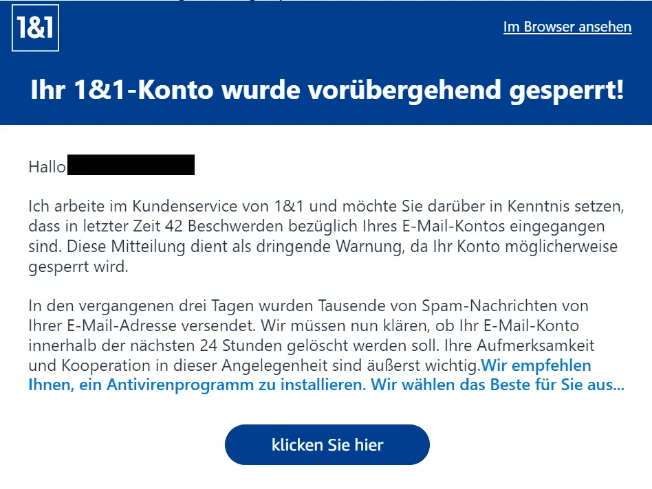 1&1 Spam Nachrichten Konto gesperrt