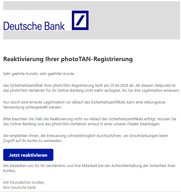Deutsche Bank Reaktivierung photoTan
