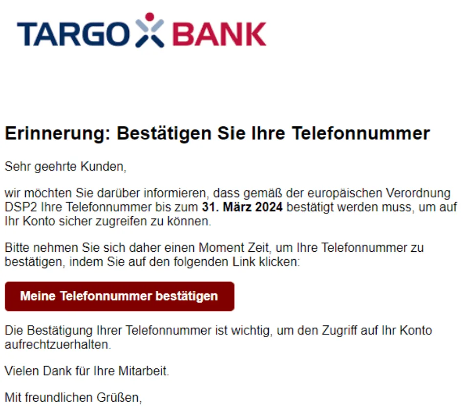 Targobank Telefonnummer bestätigen