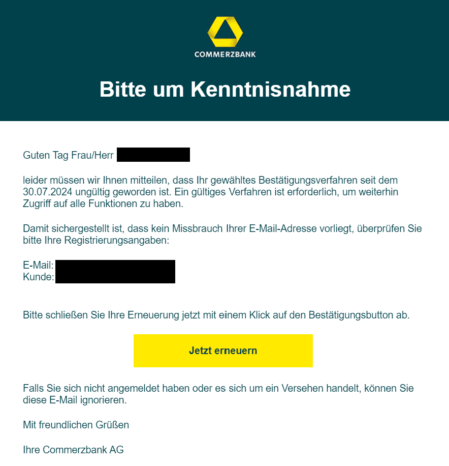 Commerzbank ungültiges Bestätigungsverfahren erneuern