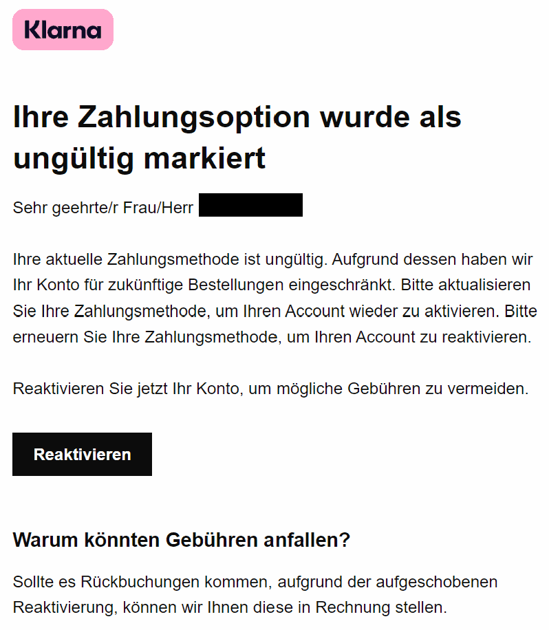 Klarna Zahlungsoption ungültig Account deaktiviert