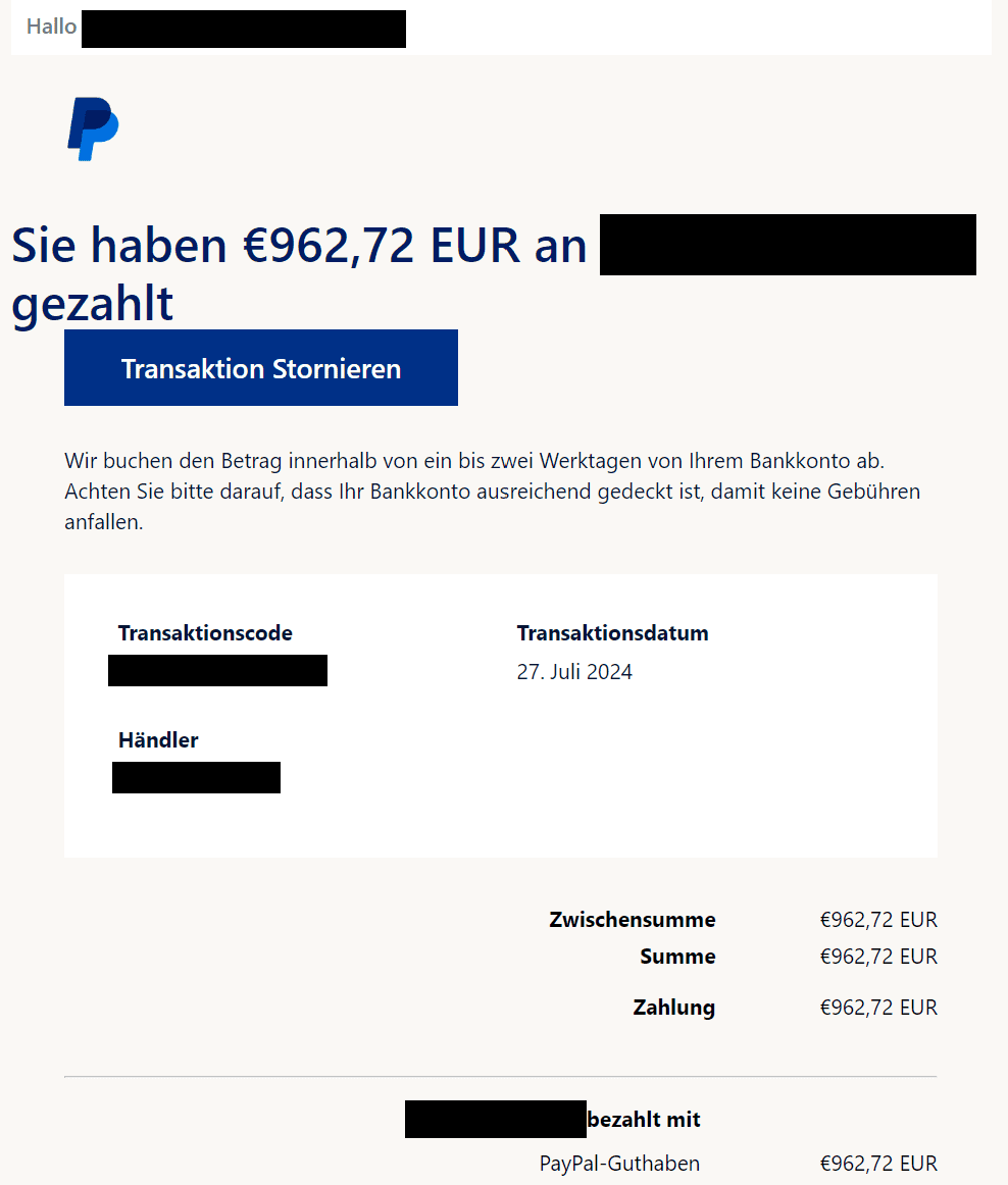 Paypal Transaktion stornieren