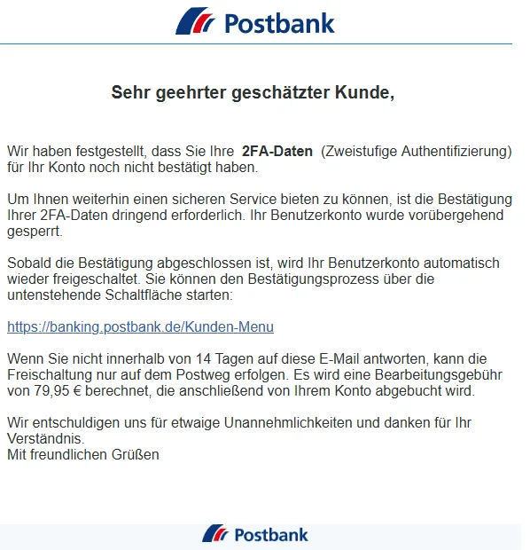 Postbank 2FA Daten nicht bestätigt Konto gesperrt