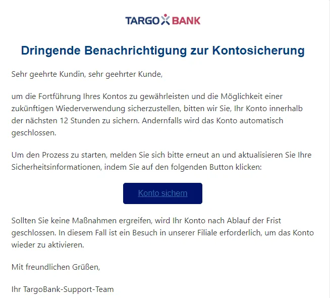 Targobank Konto sichern sonst Schliessung