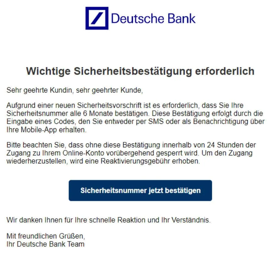 Deutsche Bank Sicherheitsbestätigung 24 Stunden