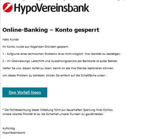 Hypovereinsbank Konto gesperrt