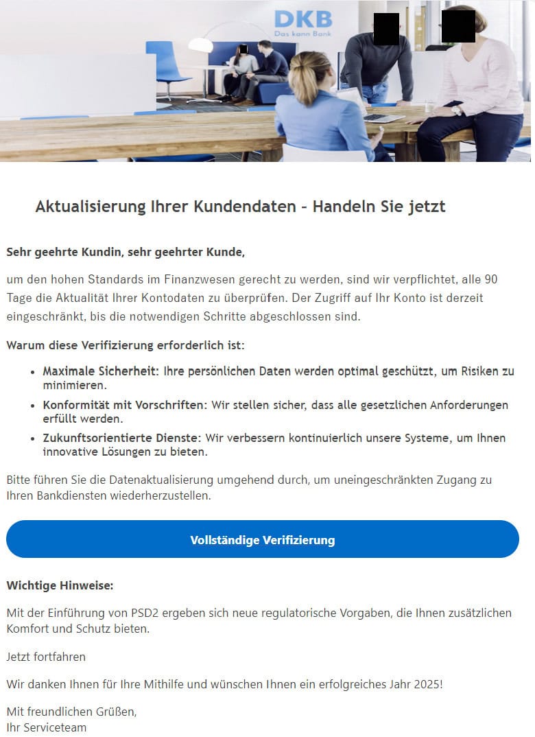 DKB Aufforderung zur Aktualisierung der Kontodaten