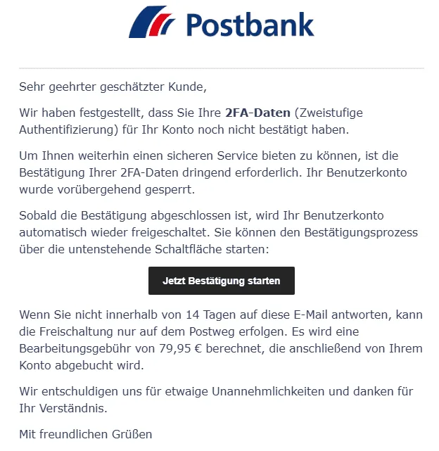 Postbank Fehlende 2FA-Authentifizierung, Kontosperre & hohe Bearbeitungsgebühr