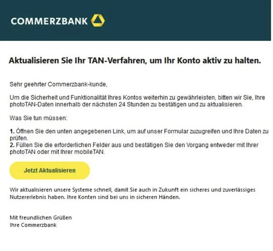 Commerzbank Phishing E-Mail/SMS