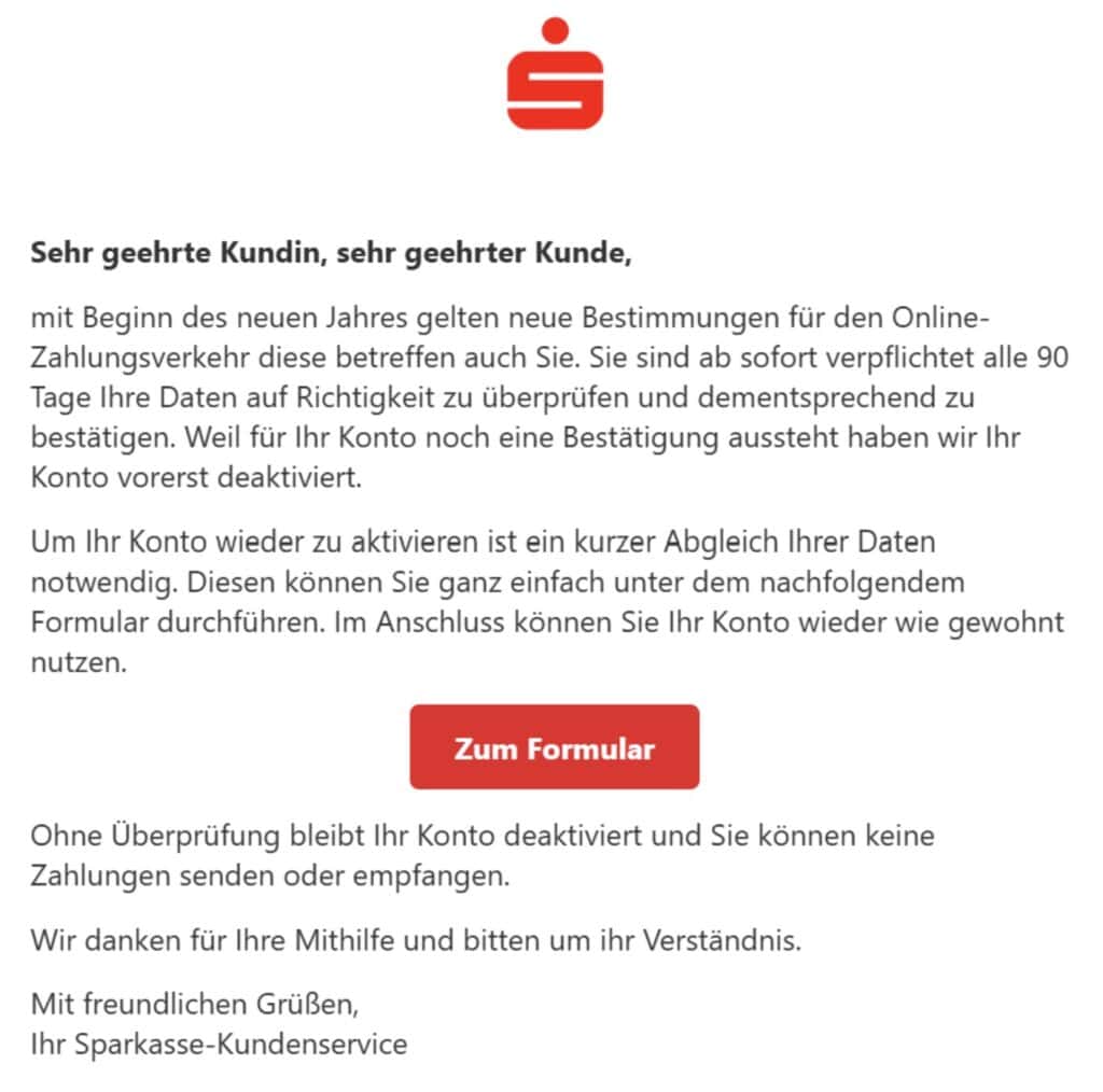 Sparkasse Phishing E-Mail/SMS