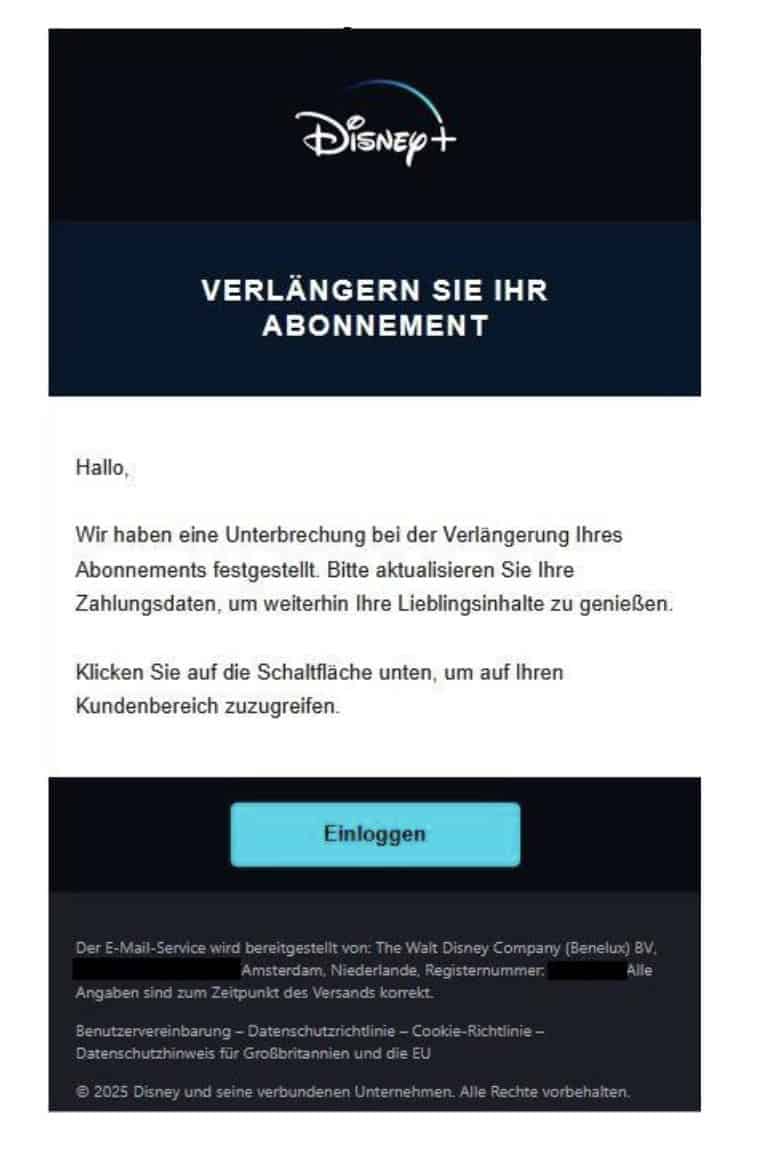 Disney+ Phishing Mail/SMS