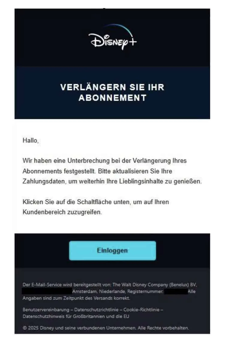 Disney+ Phishing Mail/SMS