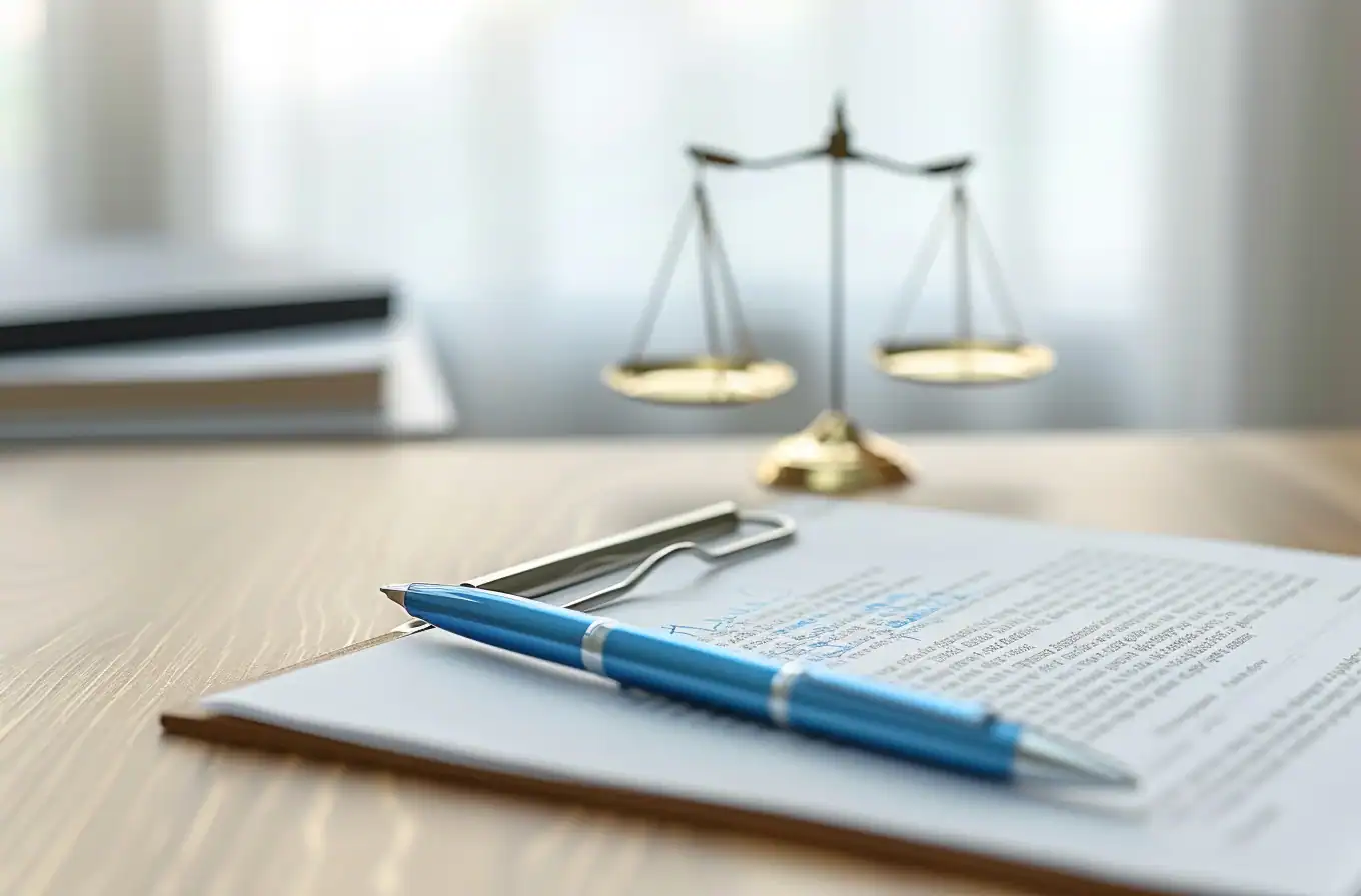 Legal document on a desk with scales of justice and chain; symbolises legal advice from a solicitor in surety law.