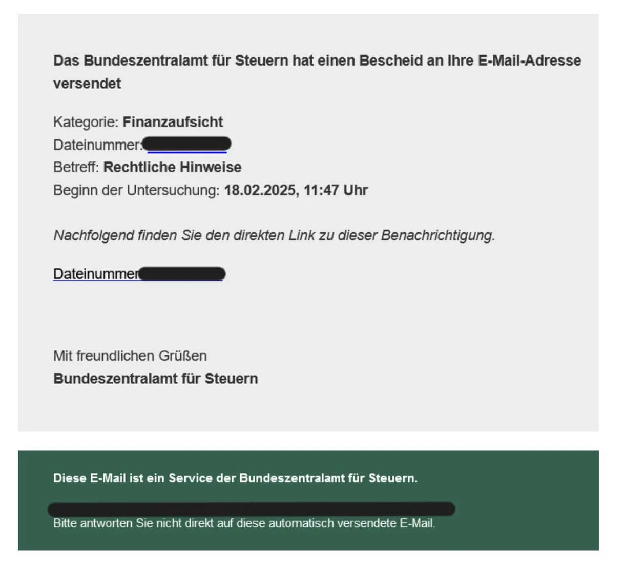 Bundeszentralamt für Steuern Phishing Mail/SMS