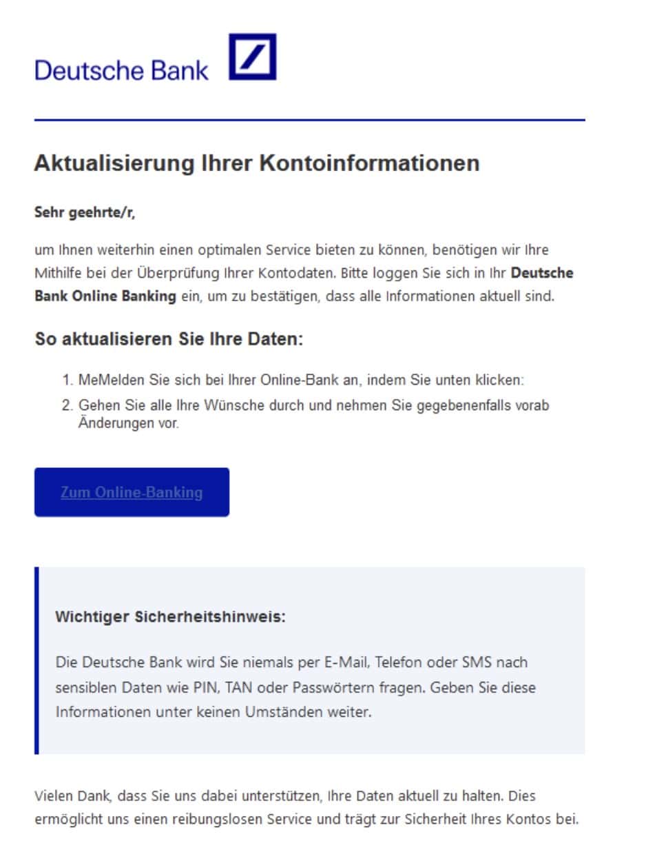 Deutsche Bank Phishing Mail/SMS