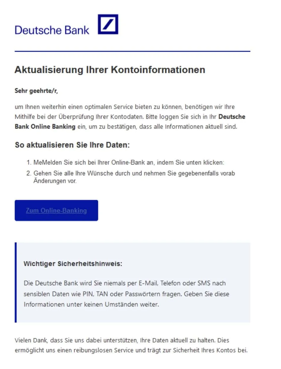 Deutsche Bank Phishing Mail/SMS