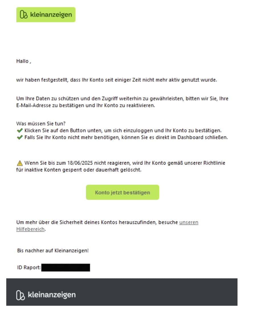 Kleinanzeigen Phishing Mail/SMS
