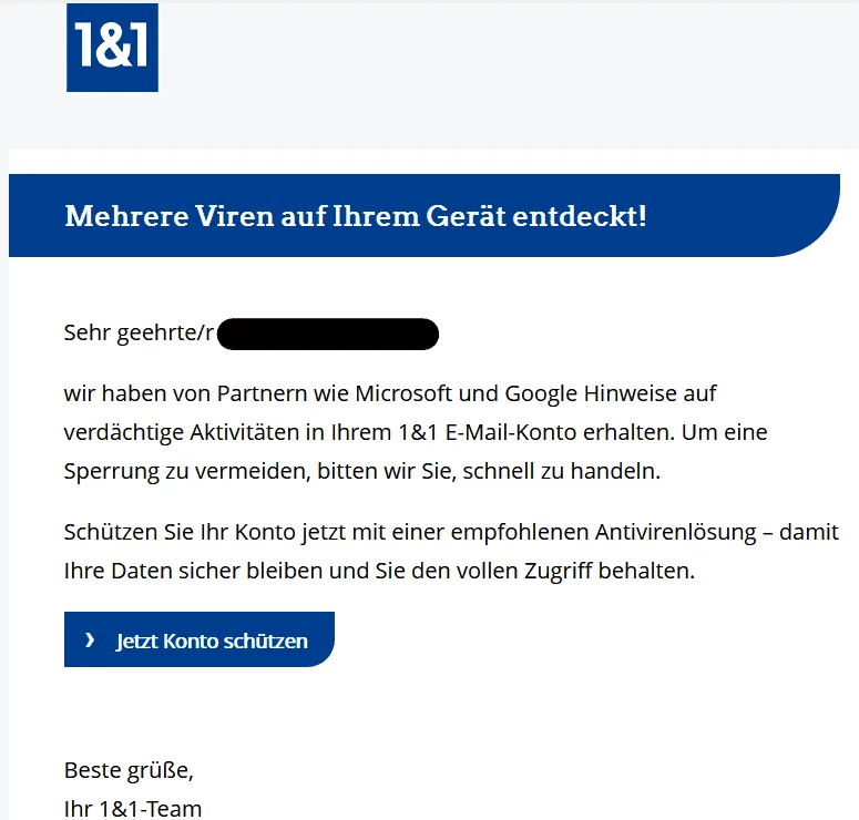 1&1 Phishing E-Mail