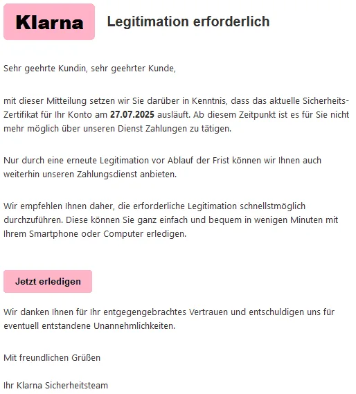 Klarna Phishing E-Mail