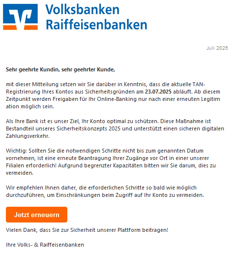 Volksbank Phishing E-Mail