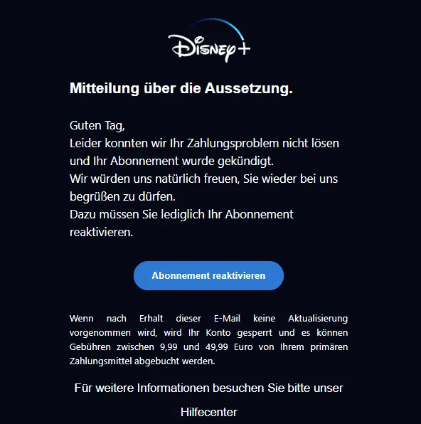 Disney Plus Phishing E-Mail