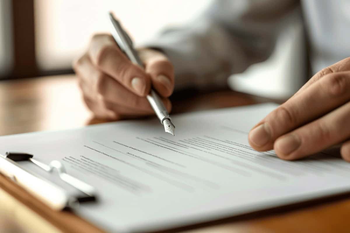 Symbolische Darstellung eines öffentlichen Testaments: Hände unterzeichnen Dokumente, Anwalt gibt Beratung, rechtliche Sicherheit im Erbrecht.